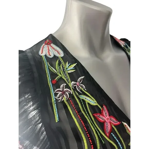 Anthropologie Not So Serious Dress Black Beaded Floral Black 2 Fairy Whimsigoth - Picture 6 of 13